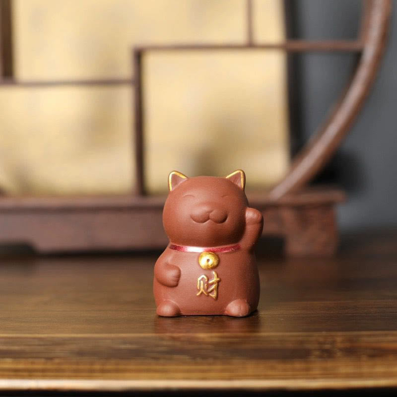 Buddha Stones Mini gato de la suerte riqueza té mascota arcilla púrpura figura decorativa - image 1
