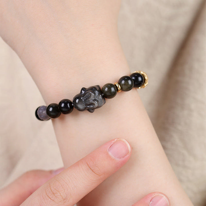 Buddha Stones Obsidiana con brillo dorado Obsidiana negra Obsidiana con brillo plateado Pulsera linda de protección de conejo