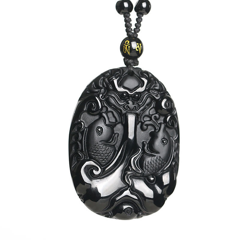 Collar con colgante de fuerza de cumplimiento de cuerda con cuentas de pez Koi de obsidiana negra con Buddha Stones