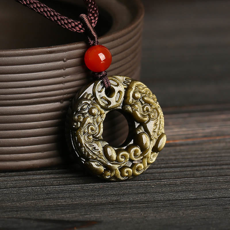 Buddha Stones brillo dorado obsidiana hebilla de la paz Pixiu moneda de cobre colgante de collar de riqueza