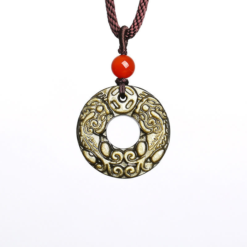 Buddha Stones brillo dorado obsidiana hebilla de la paz Pixiu moneda de cobre colgante de collar de riqueza