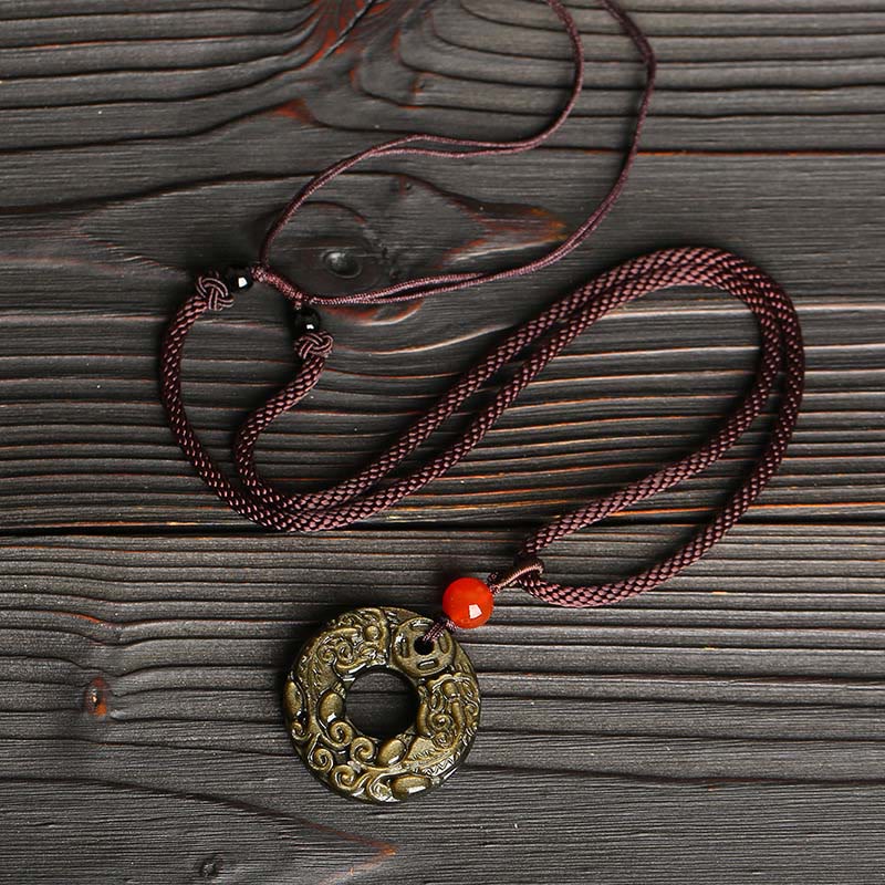 Buddha Stones brillo dorado obsidiana hebilla de la paz Pixiu moneda de cobre colgante de collar de riqueza