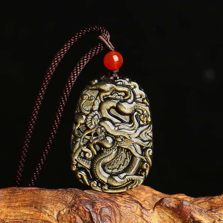 Colgante de collar con diseño de dragón de obsidiana con brillo dorado de Buddha Stones - Obsidiana con brillo dorado - image 1