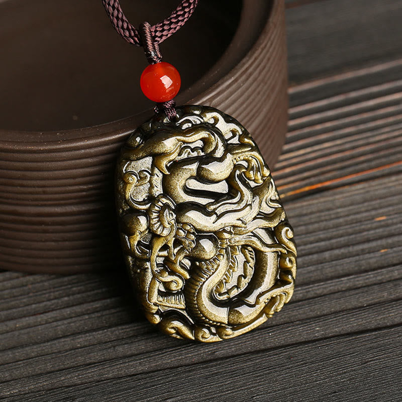 Colgante de collar con diseño de dragón de obsidiana con brillo dorado de Buddha Stones - image 2
