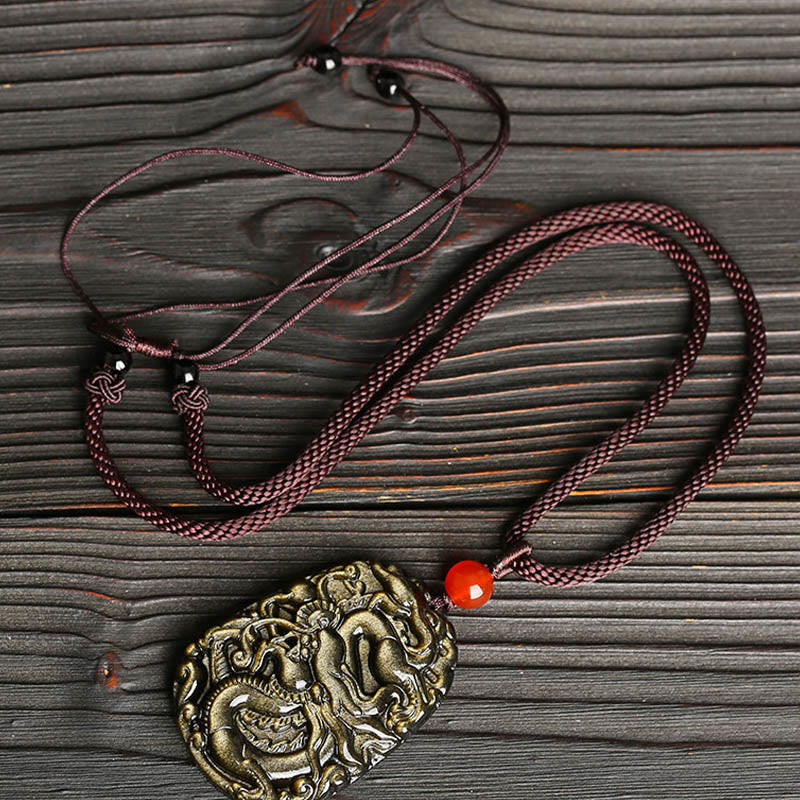 Colgante de collar con diseño de dragón de obsidiana con brillo dorado de Buddha Stones - image 3