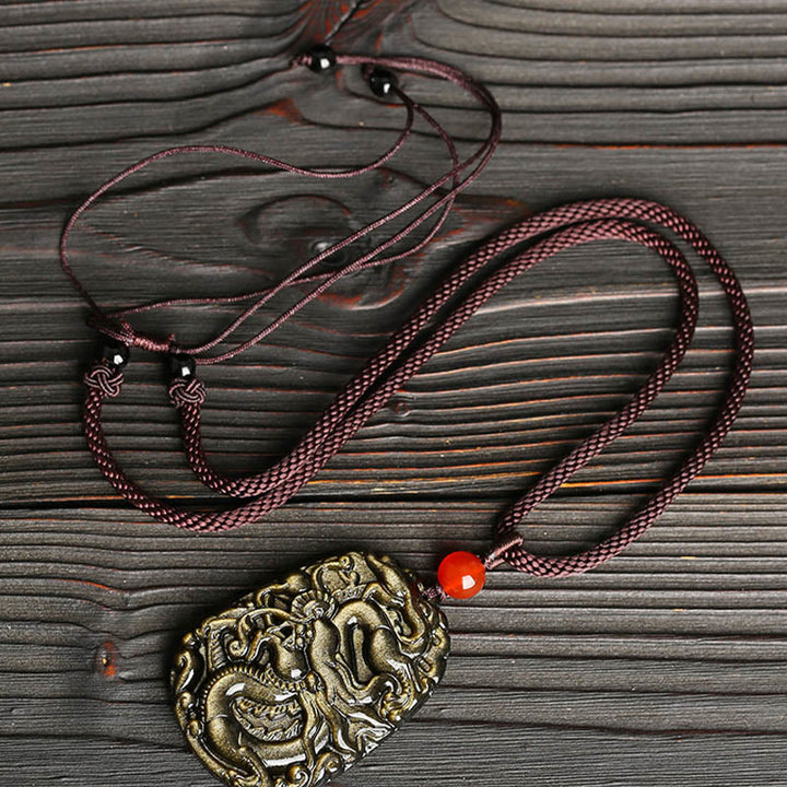 Colgante de collar con diseño de dragón de obsidiana con brillo dorado de Buddha Stones - image 3