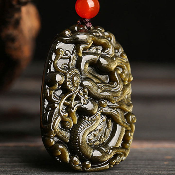 Colgante de collar con diseño de dragón de obsidiana con brillo dorado de Buddha Stones - image 4