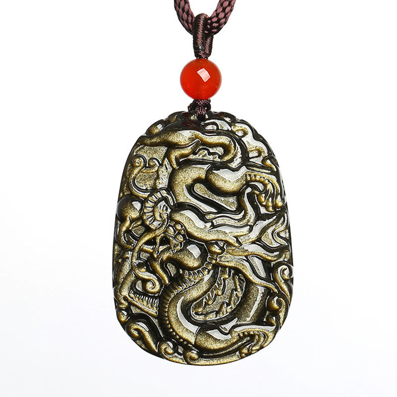 Colgante de collar con diseño de dragón de obsidiana con brillo dorado de Buddha Stones - image 6