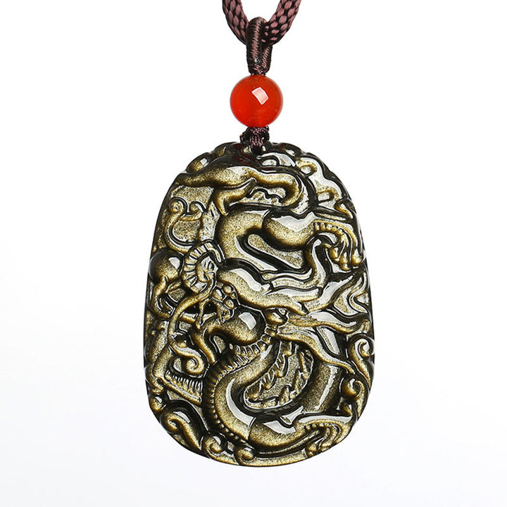 Colgante de collar con diseño de dragón de obsidiana con brillo dorado de Buddha Stones - image 6