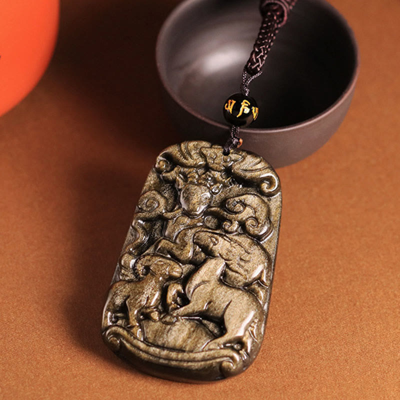 Buddha Stones, obsidiana con brillo dorado, tres cabras, colgante con patrón de buena suerte, collar de riqueza