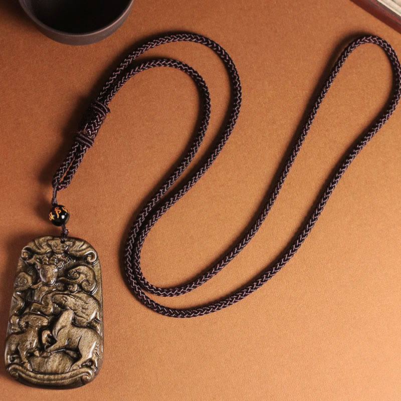 Buddha Stones, obsidiana con brillo dorado, tres cabras, colgante con patrón de buena suerte, collar de riqueza