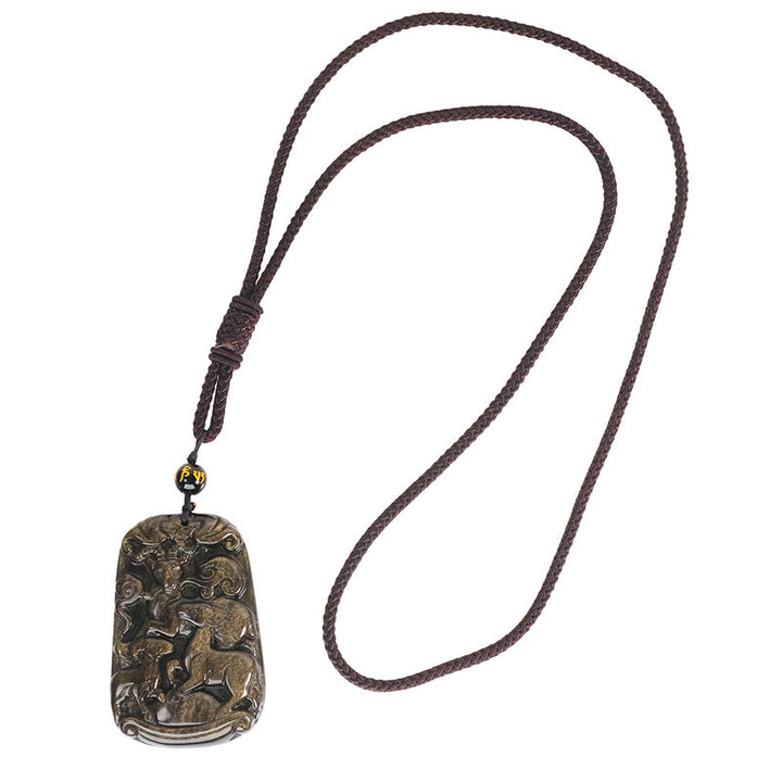 Buddha Stones, obsidiana con brillo dorado, tres cabras, colgante con patrón de buena suerte, collar de riqueza