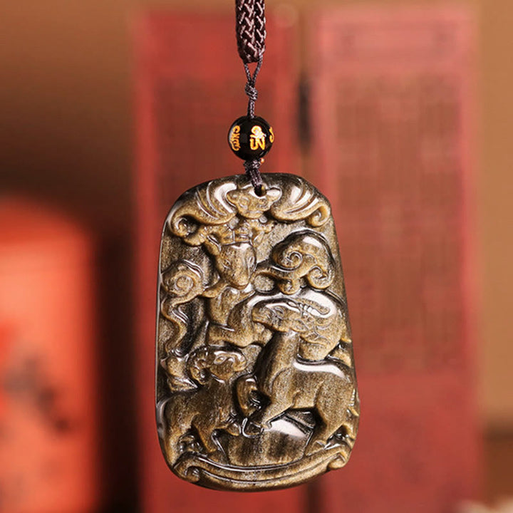 Buddha Stones, obsidiana con brillo dorado, tres cabras, colgante con patrón de buena suerte, collar de riqueza