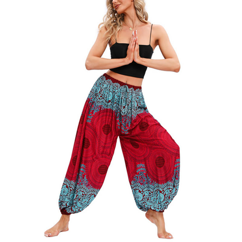 Pantalones de yoga para mujer con estampado de flores en forma de círculo suelto con Buddha Stones - Rojo (Apto para US4-8/10; UK/AU8-12/14; EU 36-40/42) - image 1