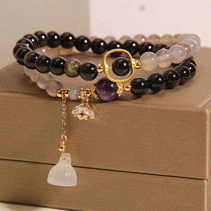 Buddha Stones brillo dorado obsidiana ágata gris loto encanto fortalecer pulsera de doble vuelta
