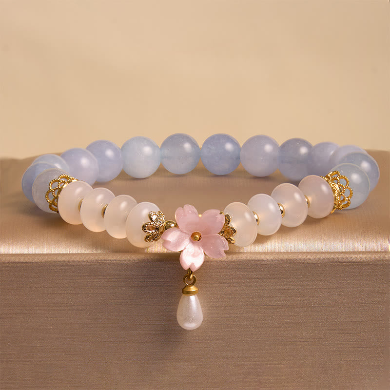 Buddha Stones aguamarina ágata blanca perla cuentas de ábaco pulsera curativa de flores
