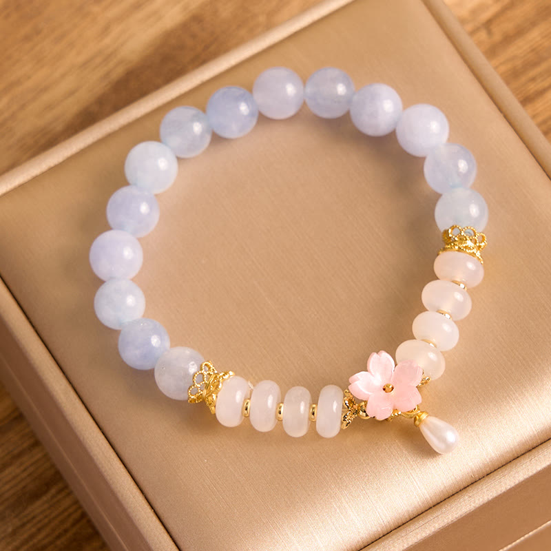 Buddha Stones aguamarina ágata blanca perla cuentas de ábaco pulsera curativa de flores