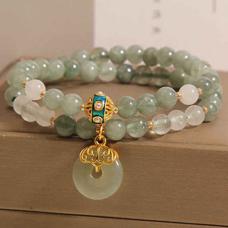 Pulsera de doble envoltura de la suerte con hebilla de la paz y aventurina verde con Buddha Stones