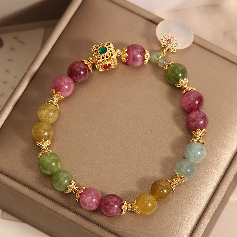 Pulsera de sabiduría con dije de hebilla de paz y turmalina colorida con Buddha Stones