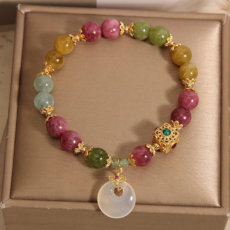 Pulsera de sabiduría con dije de hebilla de paz y turmalina colorida con Buddha Stones