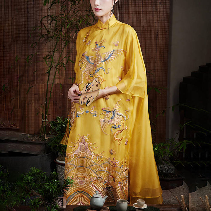 Vestido de organza de seda de morera 100% con Buddha Stones , vestido Cheongsam Qipao de Fénix amarillo bordado