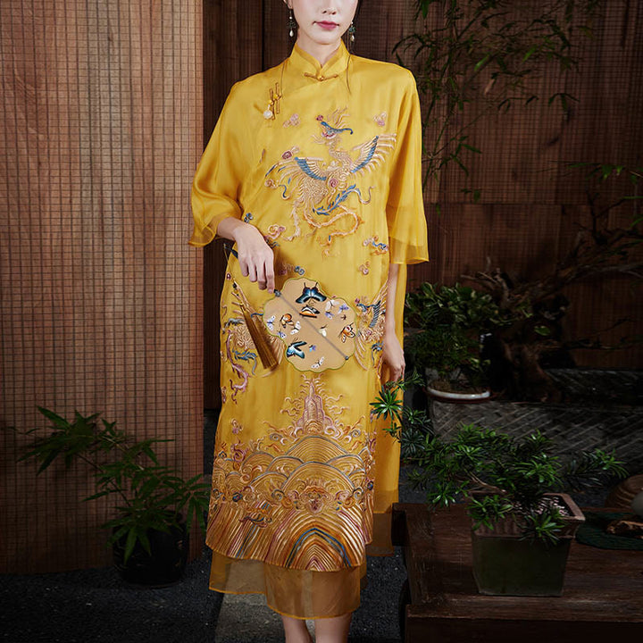 Vestido de organza de seda de morera 100% con Buddha Stones , vestido Cheongsam Qipao de Fénix amarillo bordado