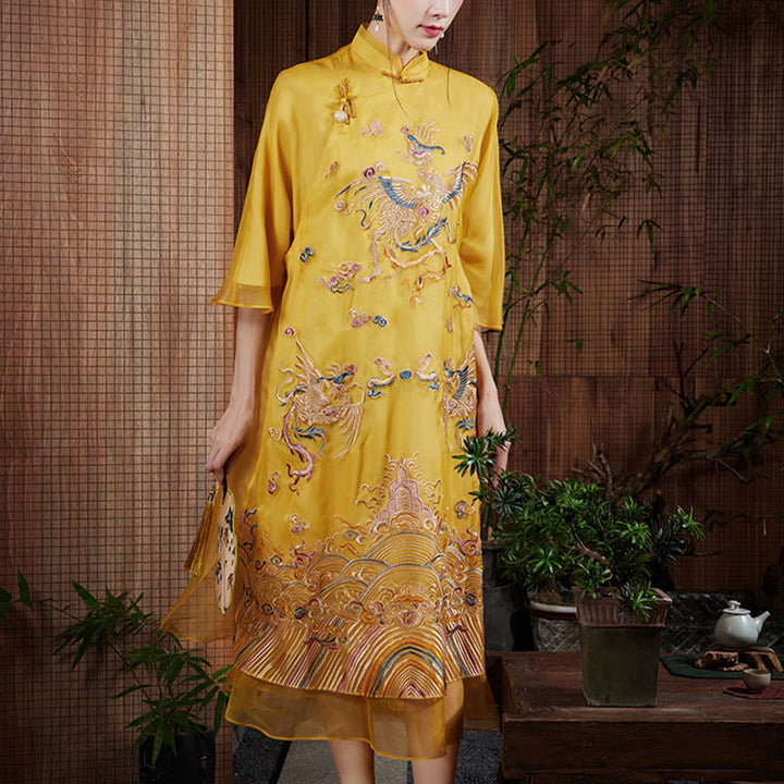Vestido de organza de seda de morera 100% con Buddha Stones , vestido Cheongsam Qipao de Fénix amarillo bordado
