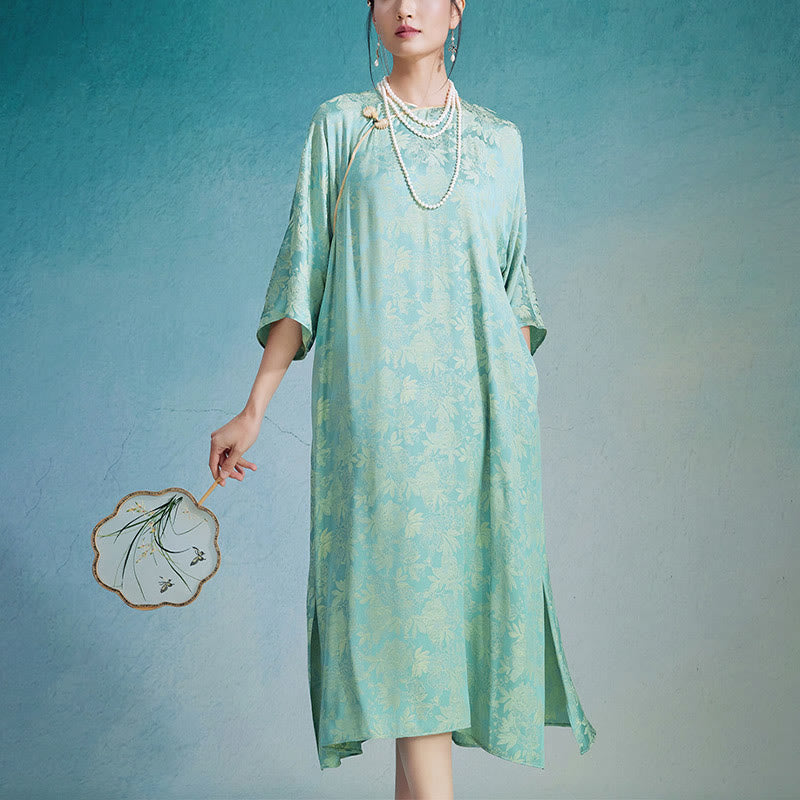 Vestido midi cheongsam chino de jacquard con hojas y flores pequeñas de Buddha Stones con bolsillos - Verde - US12，UK/AU16，EU44 (XL) - image 0