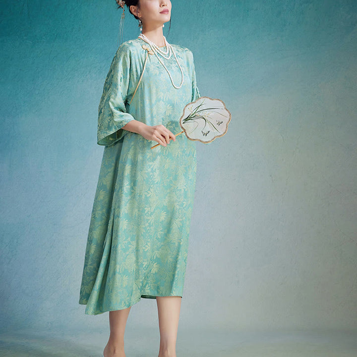 Vestido midi cheongsam chino de jacquard con hojas y flores pequeñas de Buddha Stones con bolsillos