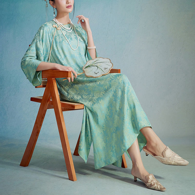 Vestido midi cheongsam chino de jacquard con hojas y flores pequeñas de Buddha Stones con bolsillos