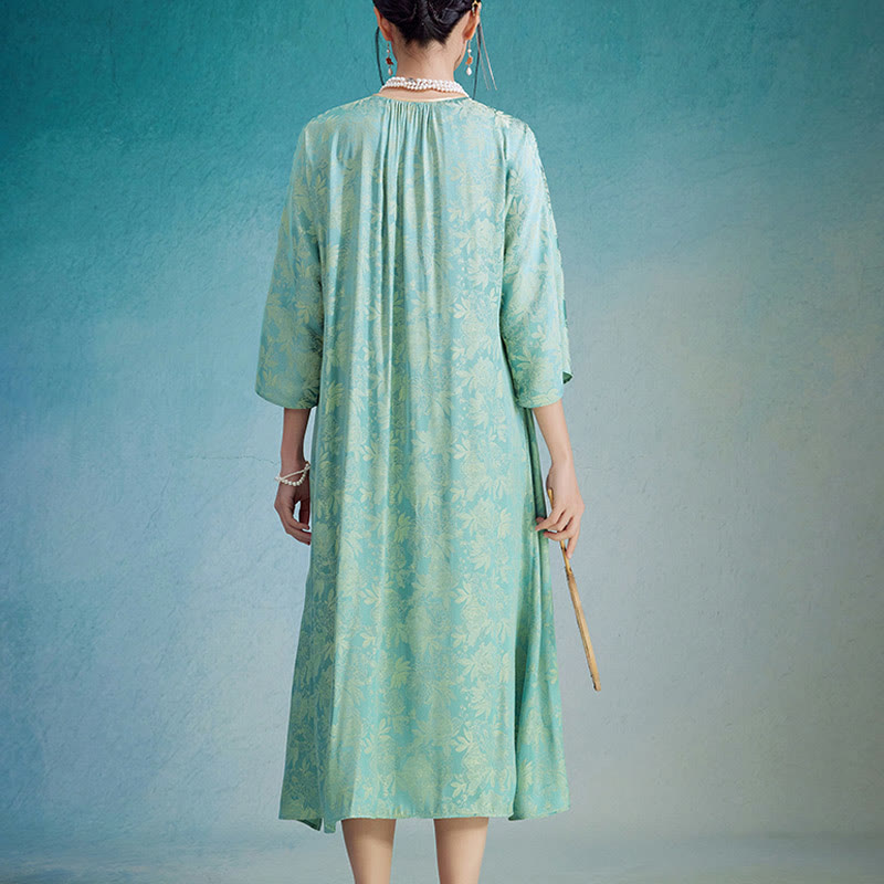 Vestido midi cheongsam chino de jacquard con hojas y flores pequeñas de Buddha Stones con bolsillos - image 2