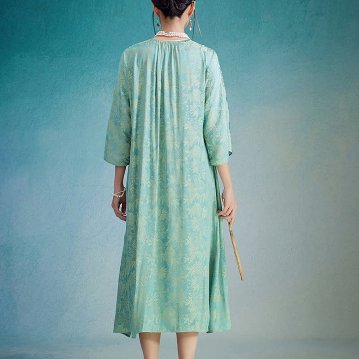 Vestido midi cheongsam chino de jacquard con hojas y flores pequeñas de Buddha Stones con bolsillos - image 2