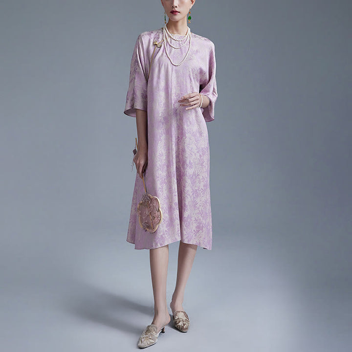 Vestido midi cheongsam chino de jacquard con hojas y flores pequeñas de Buddha Stones con bolsillos - image 9