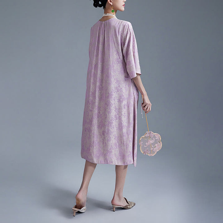 Vestido midi cheongsam chino de jacquard con hojas y flores pequeñas de Buddha Stones con bolsillos - image 8