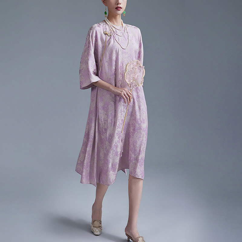 Vestido midi cheongsam chino de jacquard con hojas y flores pequeñas de Buddha Stones con bolsillos - image 7