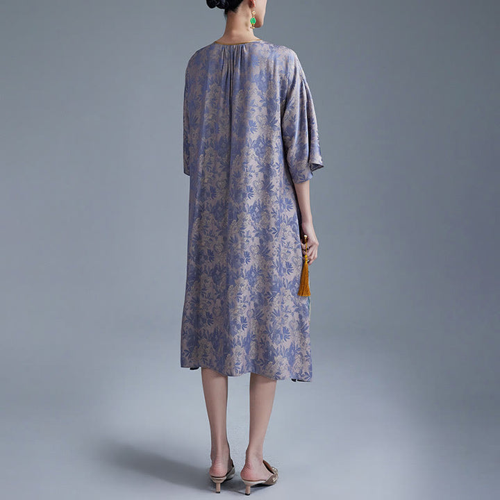 Vestido midi cheongsam chino de jacquard con hojas y flores pequeñas de Buddha Stones con bolsillos - image 12