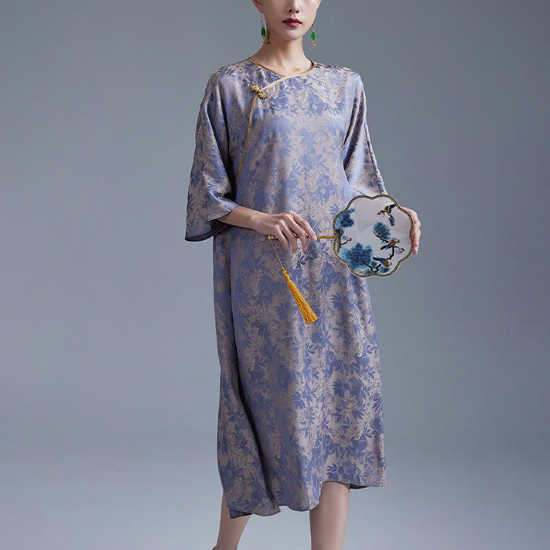 Vestido midi cheongsam chino de jacquard con hojas y flores pequeñas de Buddha Stones con bolsillos