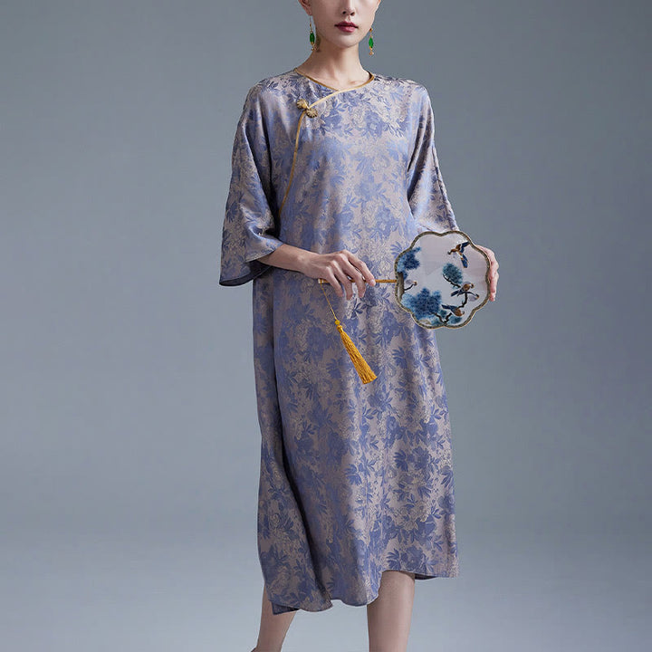 Vestido midi cheongsam chino de jacquard con hojas y flores pequeñas de Buddha Stones con bolsillos