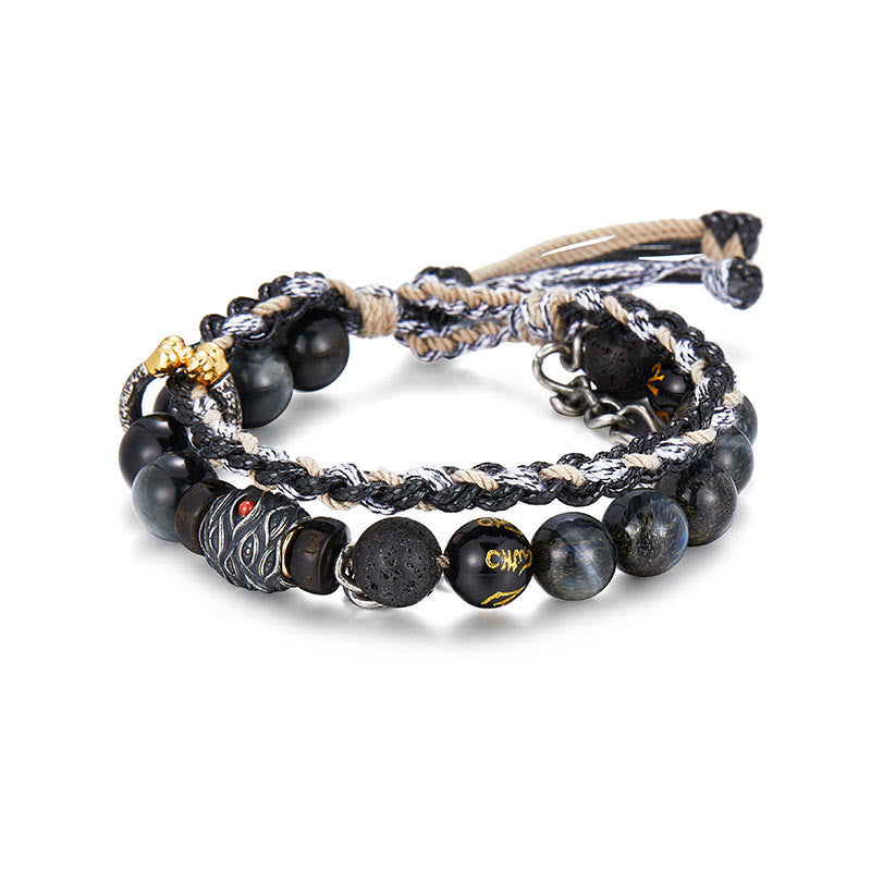 Buddha Stones de plata de ley 925, piedra de lava, ojo de águila, cuentas de la suerte, pulsera curativa hecha a mano