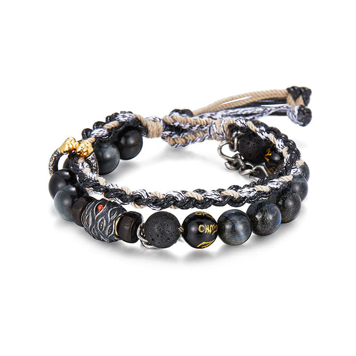 Buddha Stones de plata de ley 925, piedra de lava, ojo de águila, cuentas de la suerte, pulsera curativa hecha a mano