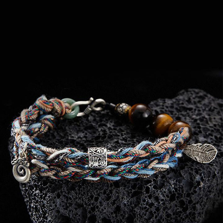 Pulsera de fuerza de voluntad hecha a mano con cuerda de algodón colorida y ojo de tigre de plata de ley 925 con Buddha Stones - 19 cm apto para circunferencia de muñeca de 17 cm - image 0