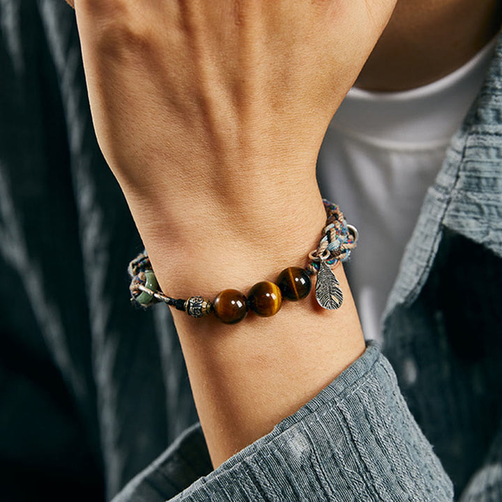 Pulsera de fuerza de voluntad hecha a mano con cuerda de algodón colorida y ojo de tigre de plata de ley 925 con Buddha Stones - image 4