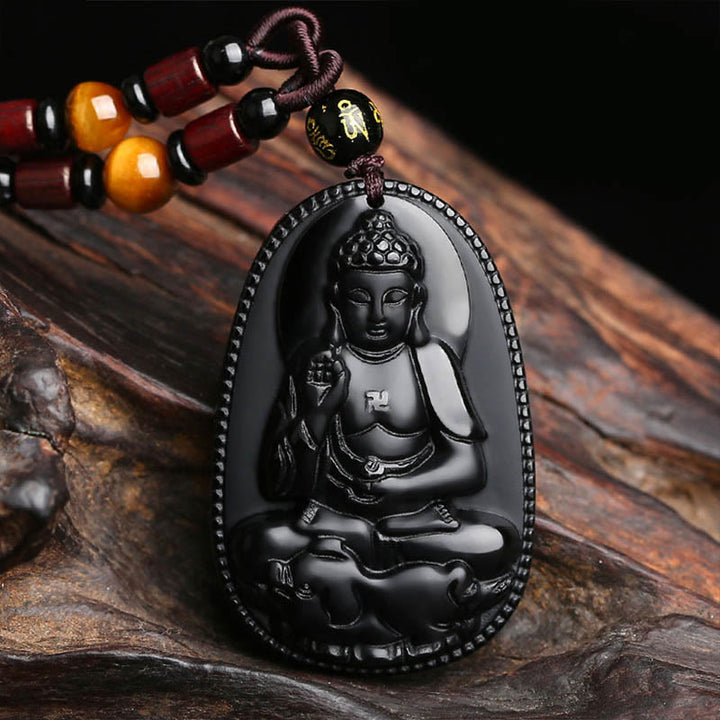 Colgante de collar de purificación de obsidiana negra natural de Buda natal del zodiaco chino de Buddha Stones