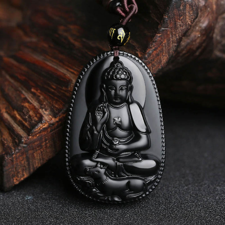 Colgante de collar de purificación de obsidiana negra natural de Buda natal del zodiaco chino de Buddha Stones