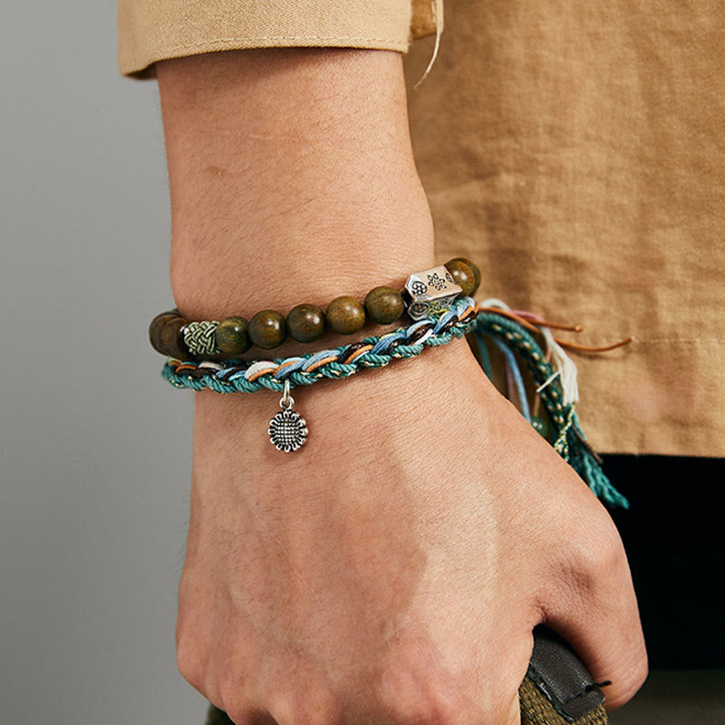 Pulsera positiva hecha a mano con semillas de Bodhi de sándalo verde de plata de ley 925 con Buddha Stones