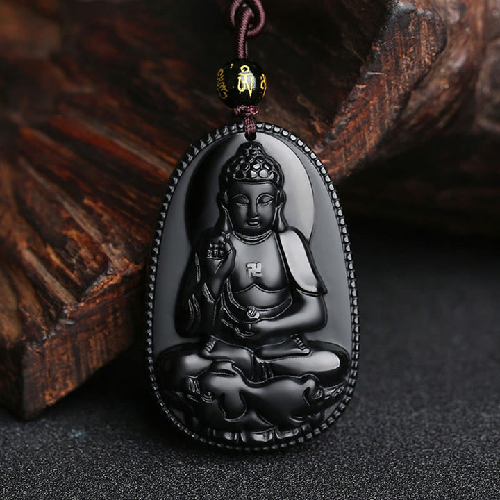 Colgante de collar de purificación de obsidiana negra natural de Buda natal del zodiaco chino de Buddha Stones