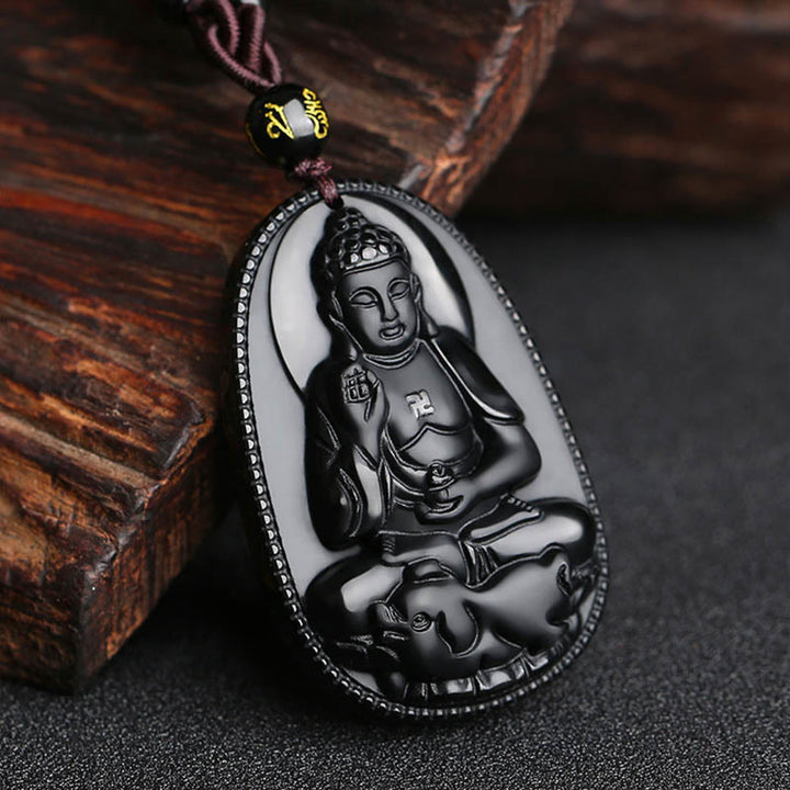 Colgante de collar de purificación de obsidiana negra natural de Buda natal del zodiaco chino de Buddha Stones