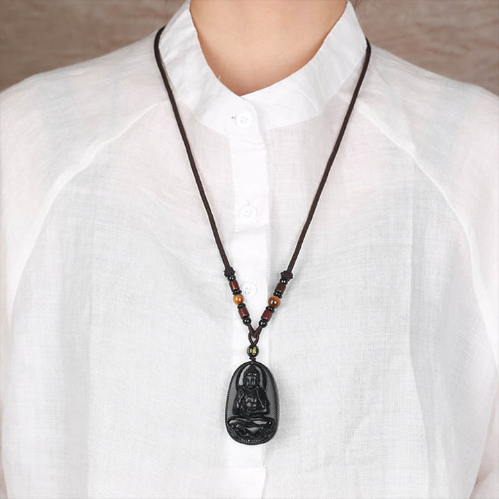 Colgante de collar de purificación de obsidiana negra natural de Buda natal del zodiaco chino de Buddha Stones