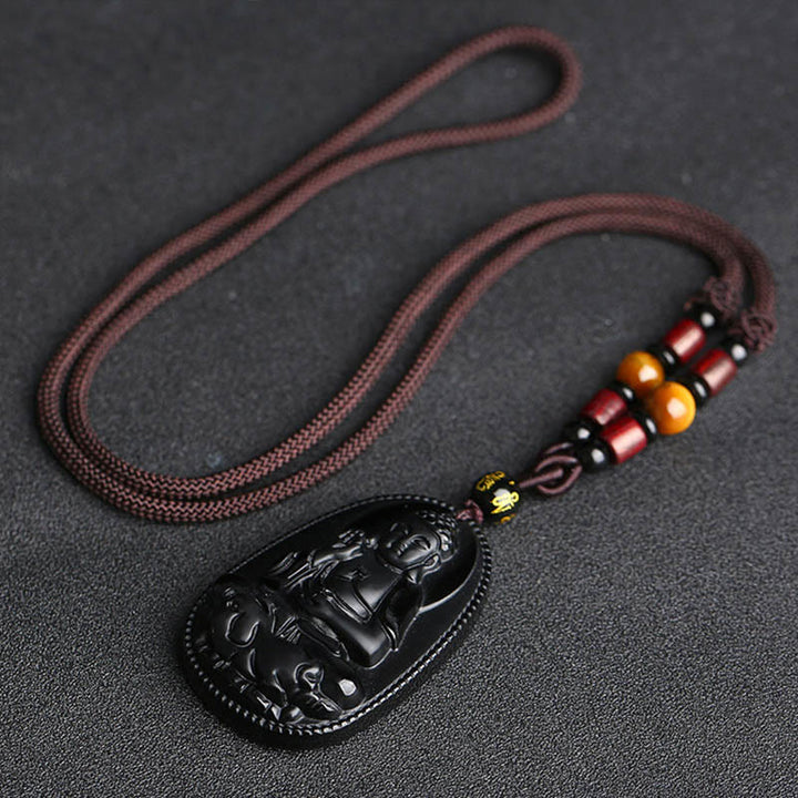 Colgante de collar de purificación de obsidiana negra natural de Buda natal del zodiaco chino de Buddha Stones