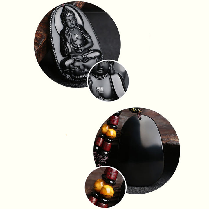 Colgante de collar de purificación de obsidiana negra natural de Buda natal del zodiaco chino de Buddha Stones